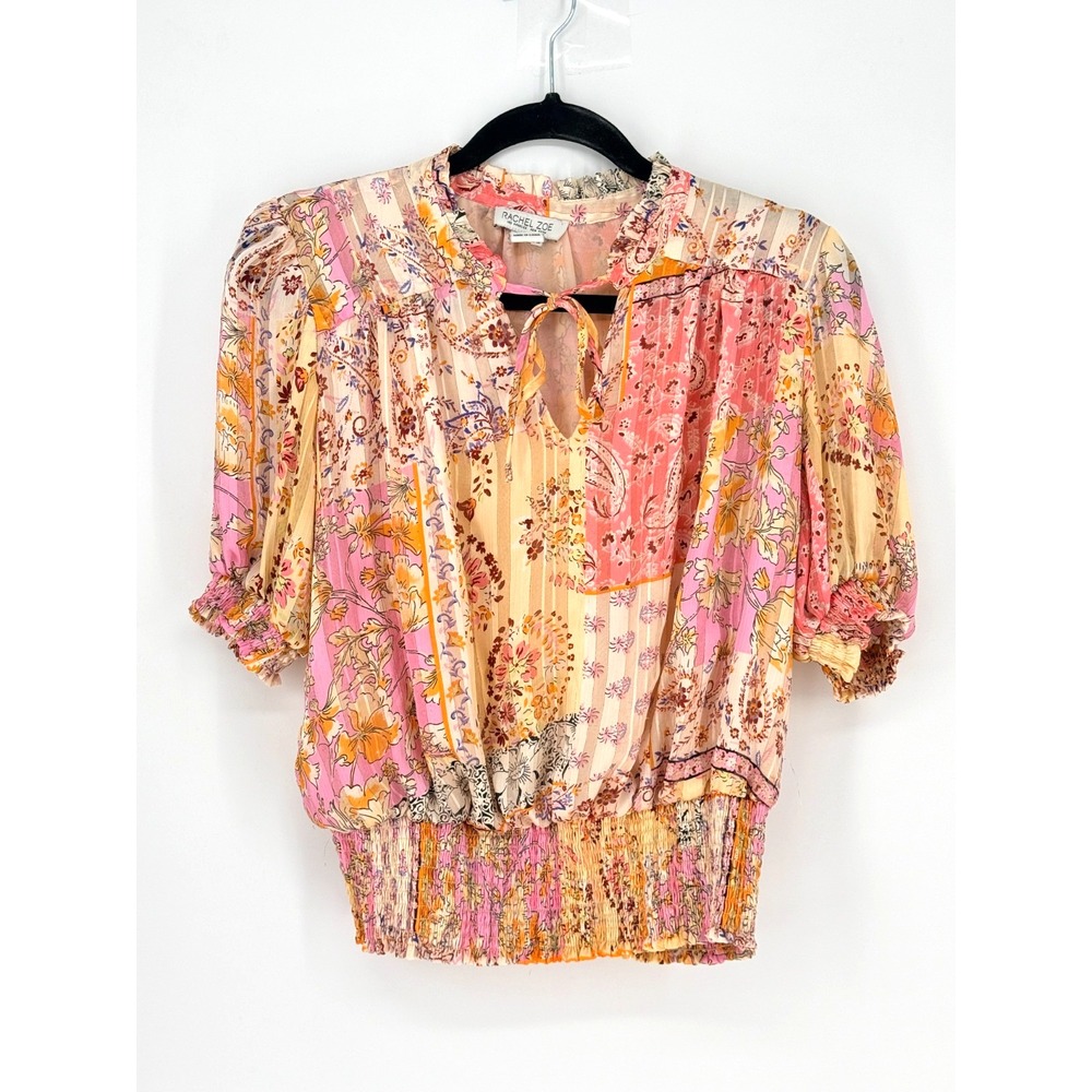Rachel Zoe Patchwork Coquette Bow Floral Sheer Puff Sleeve Top Size L Boho